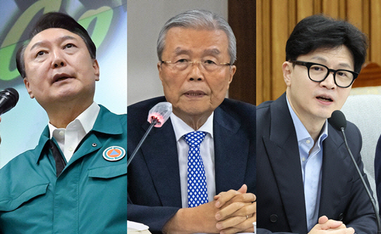 왼쪽부터 윤석열 대통령, 김종인 대한발전전략연구원 이사장, 한동훈 국민의힘 대표.<연합뉴스 사진>